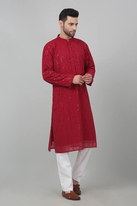 Shop_Aham-Vayam_Red Cotton Embroidery Lehar Jashn Thread Kurta Set _Online_at_Aza_Fashions