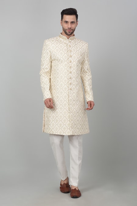 Buy_Aham-Vayam_Ivory Cotton Embroidery, Beads Suryamukh Thread Sherwani Set _Online_at_Aza_Fashions