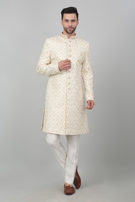 Shop_Aham-Vayam_Ivory Cotton Embroidery, Beads Suryamukh Thread Sherwani Set _Online_at_Aza_Fashions