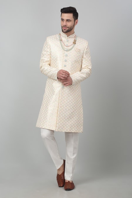Aham-Vayam Ivory Cotton Embroidered Thread Harsh Utsav Sherwani Set 
