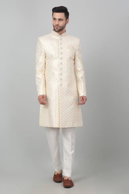 Aham-Vayam_Ivory Cotton Embroidery, Sequins, Beads Harsh Utsav Thread Sherwani Set _Online_at_Aza_Fashions