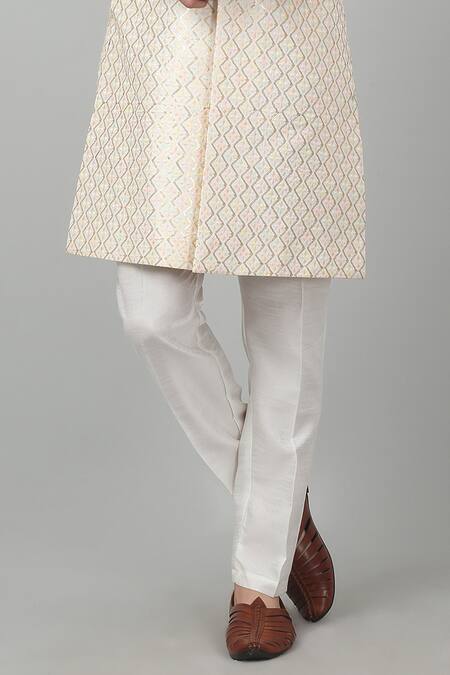 Shop_Aham-Vayam_Ivory Cotton Embroidery, Sequins, Beads Harsh Utsav Thread Sherwani Set _Online_at_Aza_Fashions