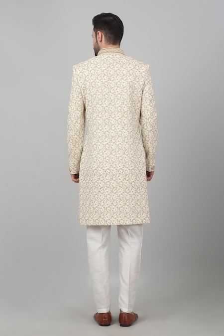 Shop Aham-Vayam Ivory Cotton Embroidery, Beads, Zari Floral Zardozi Sherwani Set at Aza Fashions Shop_Aham-Vayam_Ivory Cotton Embroidery, Beads, Zari Floral Zardozi Sherwani Set_at_Aza_Fashions