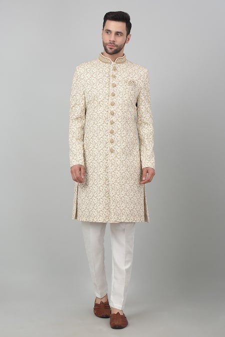 Aham-Vayam Ivory Cotton Embroidery, Beads, Zari Floral Zardozi Sherwani Set Online at Aza Fashions Aham-Vayam_Ivory Cotton Embroidery, Beads, Zari Floral Zardozi Sherwani Set_Online_at_Aza_Fashions