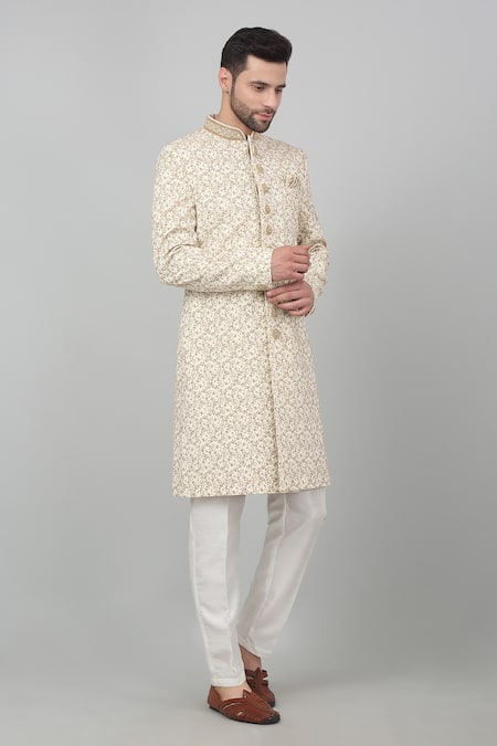 Shop Aham-Vayam Ivory Cotton Embroidery, Beads, Zari Floral Zardozi Sherwani Set Online at Aza Fashions Shop_Aham-Vayam_Ivory Cotton Embroidery, Beads, Zari Floral Zardozi Sherwani Set_Online_at_Aza_Fashions