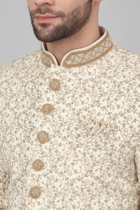 Aham-Vayam Ivory Cotton Embroidery, Beads, Zari Floral Zardozi Sherwani Set at Aza Fashions Aham-Vayam_Ivory Cotton Embroidery, Beads, Zari Floral Zardozi Sherwani Set_at_Aza_Fashions