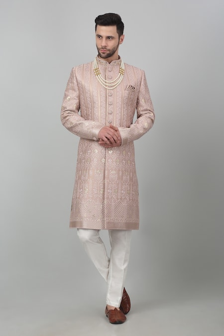 Aham-Vayam Pink Cotton Embroidered Thread Gulposh Sherwani Set 