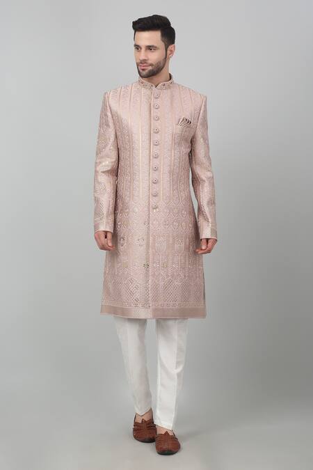 Aham-Vayam_Pink Cotton Embroidery, Sequins, Cut Work Gulposh Thread Sherwani Set _Online_at_Aza_Fashions