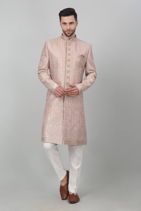 Buy_Aham-Vayam_Pink Cotton Embroidery, Sequins, Cut Work Gulposh Thread Sherwani Set _Online_at_Aza_Fashions