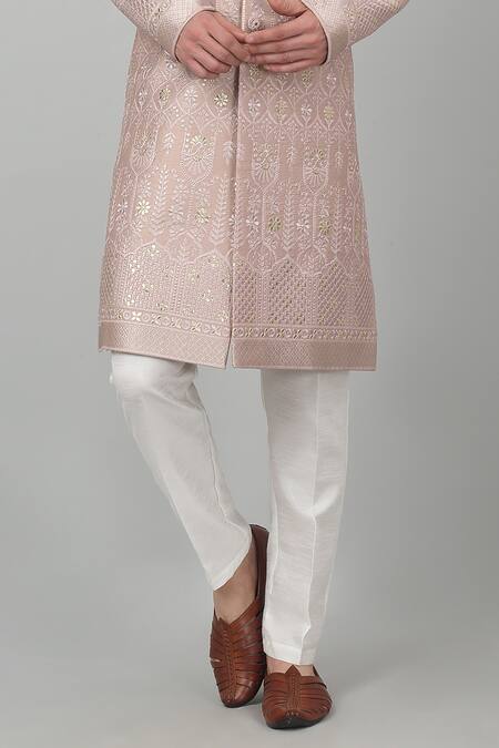 Shop_Aham-Vayam_Pink Cotton Embroidery, Sequins, Cut Work Gulposh Thread Sherwani Set _Online_at_Aza_Fashions