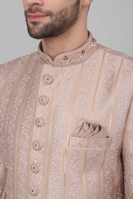 Aham-Vayam_Pink Cotton Embroidery, Sequins, Cut Work Gulposh Thread Sherwani Set _at_Aza_Fashions