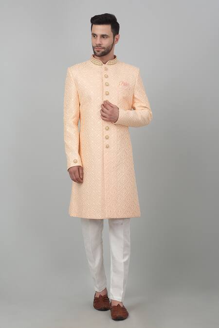 Aham-Vayam_Peach Cotton Embroidery, Sequins Seher Thread Sherwani Set _Online_at_Aza_Fashions