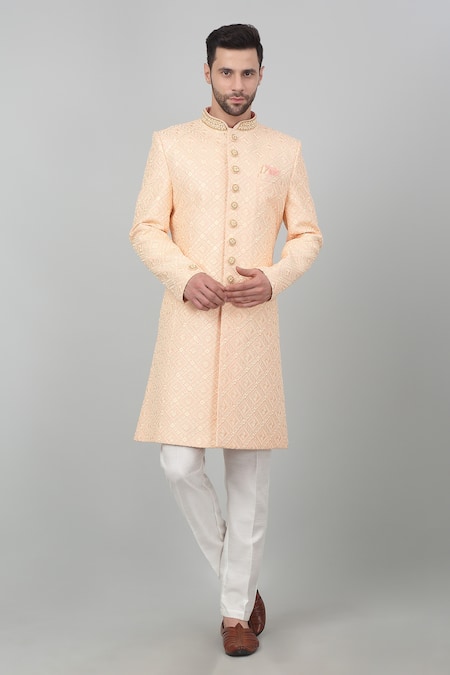 Buy_Aham-Vayam_Peach Cotton Embroidery, Sequins Seher Thread Sherwani Set _Online_at_Aza_Fashions