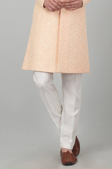 Shop_Aham-Vayam_Peach Cotton Embroidery, Sequins Seher Thread Sherwani Set _Online_at_Aza_Fashions