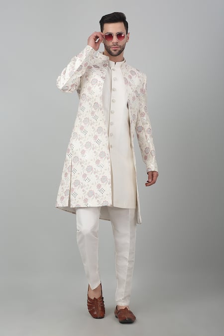 Aham-Vayam White Cotton Embroidered Thread And Sequin Work Gulnazm Sherwani Set 