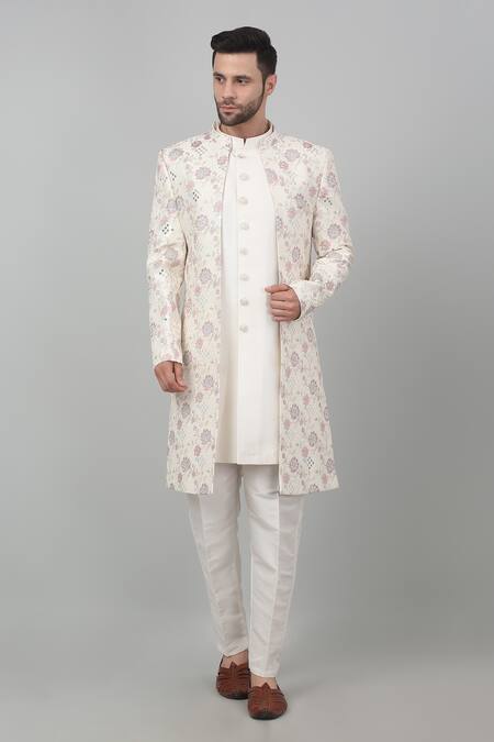 Aham-Vayam White Cotton Embroidery Gulnazm Thread Sherwani Set at Aza Fashions Aham-Vayam_White Cotton Embroidery Gulnazm Thread Sherwani Set _at_Aza_Fashions
