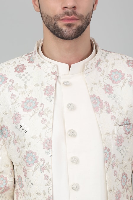 Buy Aham-Vayam White Cotton Embroidery Gulnazm Thread Sherwani Set Buy_Aham-Vayam_White Cotton Embroidery Gulnazm Thread Sherwani Set