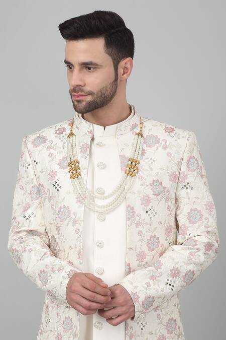 Shop Aham-Vayam White Cotton Embroidery Gulnazm Thread Sherwani Set Shop_Aham-Vayam_White Cotton Embroidery Gulnazm Thread Sherwani Set