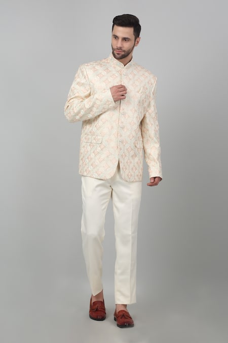 Buy_Aham-Vayam_Ivory Cotton Embroidery Firdaus Thread Bandhgala Set _Online_at_Aza_Fashions