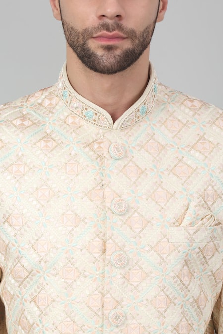 Shop_Aham-Vayam_Ivory Cotton Embroidery Firdaus Thread Bandhgala Set _Online_at_Aza_Fashions