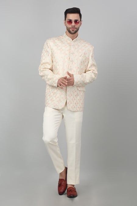 Aham-Vayam_Ivory Cotton Embroidery Firdaus Thread Bandhgala Set _at_Aza_Fashions