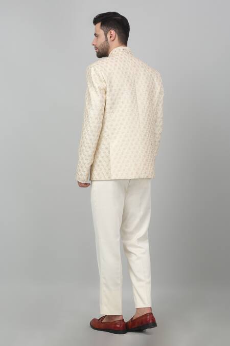 Shop Aham-Vayam Ivory Cotton, Silk Embroidery Nazm Thread Bandhgala Set at Aza Fashions Shop_Aham-Vayam_Ivory Cotton, Silk Embroidery Nazm Thread Bandhgala Set_at_Aza_Fashions