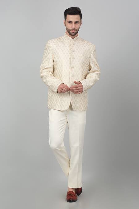 Aham-Vayam Ivory Cotton, Silk Embroidery Nazm Thread Bandhgala Set Online at Aza Fashions Aham-Vayam_Ivory Cotton, Silk Embroidery Nazm Thread Bandhgala Set_Online_at_Aza_Fashions