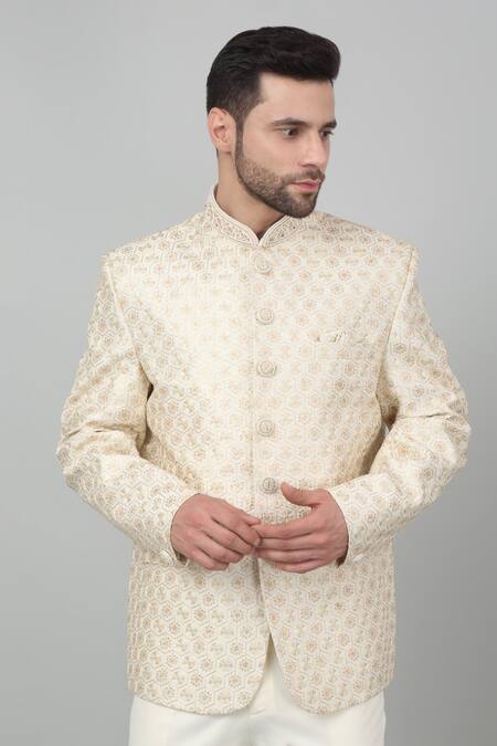 Buy Aham-Vayam Ivory Cotton, Silk Embroidery Nazm Thread Bandhgala Set Online at Aza Fashions Buy_Aham-Vayam_Ivory Cotton, Silk Embroidery Nazm Thread Bandhgala Set_Online_at_Aza_Fashions