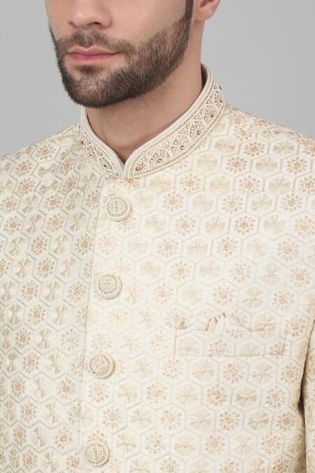 Shop Aham-Vayam Ivory Cotton, Silk Embroidery Nazm Thread Bandhgala Set Online at Aza Fashions Shop_Aham-Vayam_Ivory Cotton, Silk Embroidery Nazm Thread Bandhgala Set_Online_at_Aza_Fashions