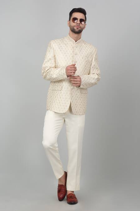 Aham-Vayam Ivory Cotton, Silk Embroidery Nazm Thread Bandhgala Set at Aza Fashions Aham-Vayam_Ivory Cotton, Silk Embroidery Nazm Thread Bandhgala Set_at_Aza_Fashions