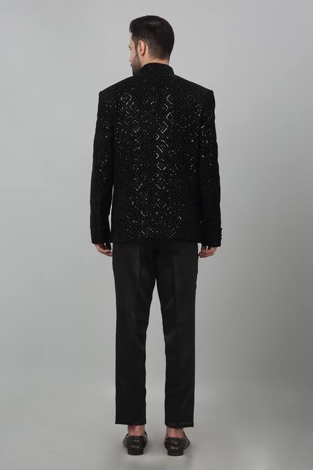 Shop Aham-Vayam Black Cotton, Velvet Embroidery Nazm Thread Work Bandhgala Set at Aza Fashions Shop_Aham-Vayam_Black Cotton, Velvet Embroidery Nazm Thread Work Bandhgala Set_at_Aza_Fashions