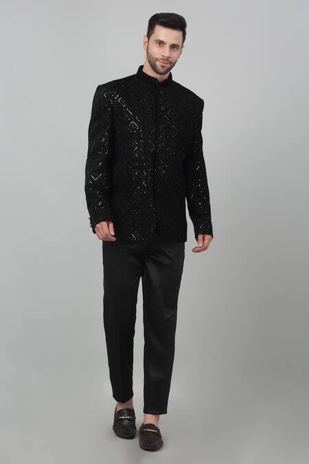 Aham-Vayam Black Cotton, Velvet Embroidery Nazm Thread Work Bandhgala Set Online at Aza Fashions Aham-Vayam_Black Cotton, Velvet Embroidery Nazm Thread Work Bandhgala Set_Online_at_Aza_Fashions