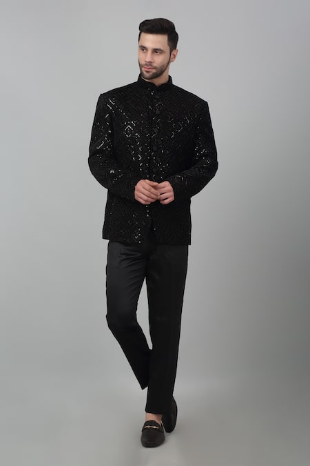 Buy Aham-Vayam Black Cotton, Velvet Embroidery Nazm Thread Work Bandhgala Set Online at Aza Fashions Buy_Aham-Vayam_Black Cotton, Velvet Embroidery Nazm Thread Work Bandhgala Set_Online_at_Aza_Fashions