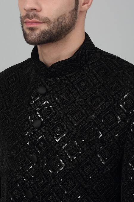 Aham-Vayam Black Cotton, Velvet Embroidery Nazm Thread Work Bandhgala Set at Aza Fashions Aham-Vayam_Black Cotton, Velvet Embroidery Nazm Thread Work Bandhgala Set_at_Aza_Fashions