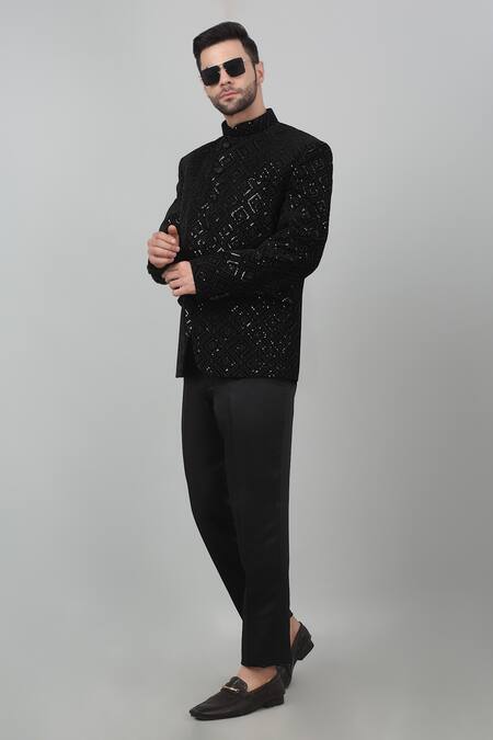 Buy Aham-Vayam Black Cotton, Velvet Embroidery Nazm Thread Work Bandhgala Set Buy_Aham-Vayam_Black Cotton, Velvet Embroidery Nazm Thread Work Bandhgala Set