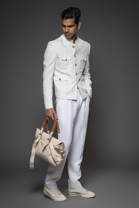 Balance by Rohit Bal White Linen Plain Full Sleeve Jacket 