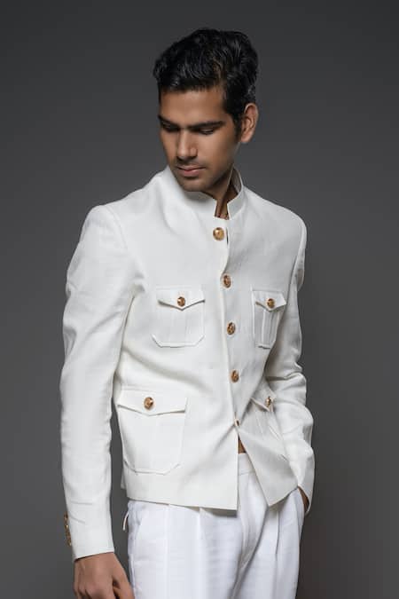 Shop Balance By Rohit Bal White Linen Full Sleeve Jacket at Aza Fashions Shop_Balance By Rohit Bal_White Linen Full Sleeve Jacket _at_Aza_Fashions