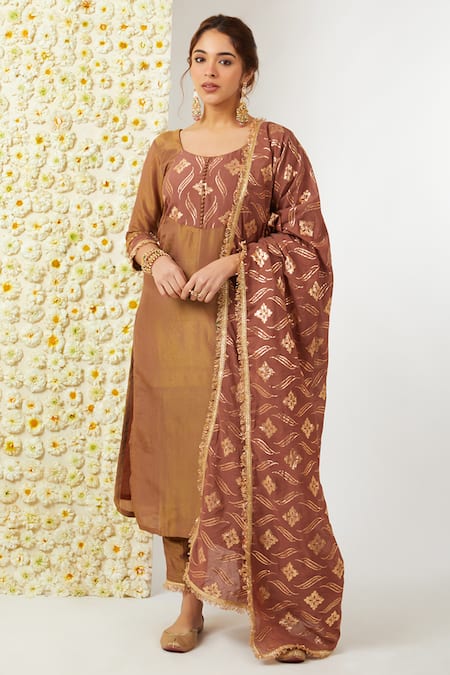 Tashee Brown Kurta And Pant Tissue Embroidered Floral Round Set 