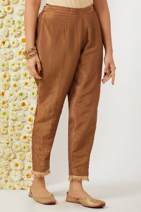 Tashee_Brown Tissue, Chanderi Embroidery Round Neck Floral Kurta Pant Set _Online_at_Aza_Fashions
