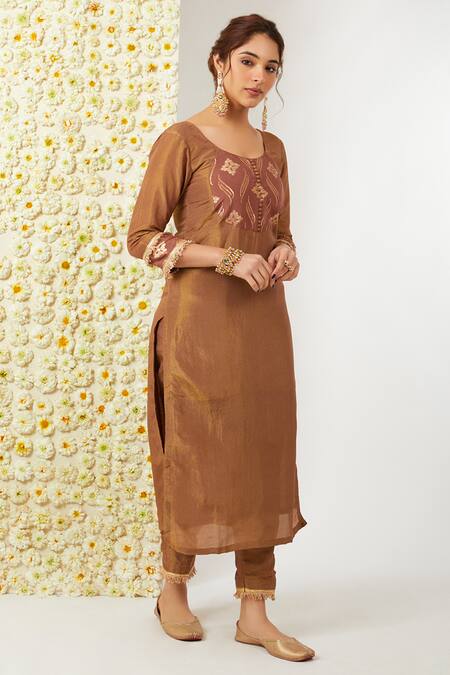 Shop_Tashee_Brown Tissue, Chanderi Embroidery Round Neck Floral Kurta Pant Set _Online_at_Aza_Fashions