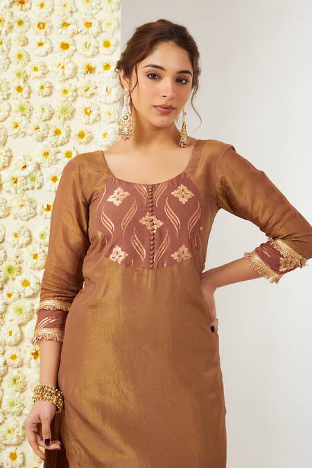 Tashee_Brown Tissue, Chanderi Embroidery Round Neck Floral Kurta Pant Set _at_Aza_Fashions