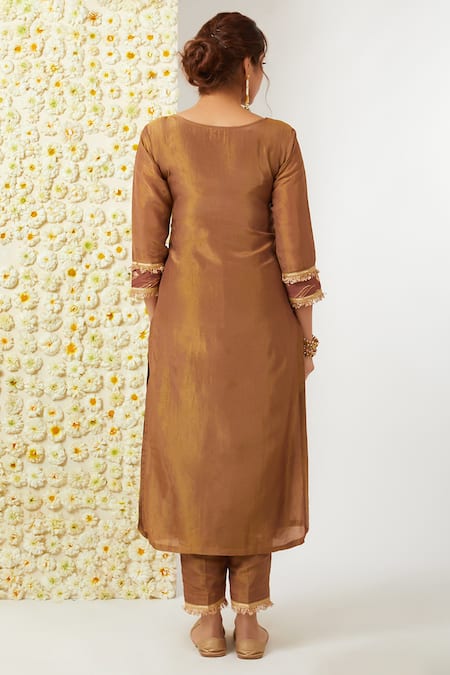 Shop_Tashee_Brown Tissue, Chanderi Embroidery Round Neck Floral Kurta Pant Set _at_Aza_Fashions