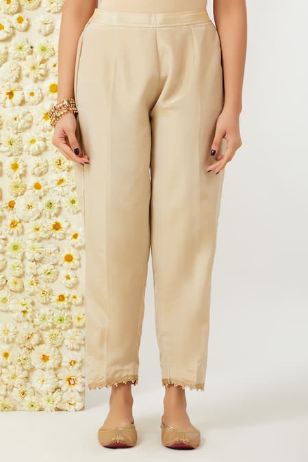 Tashee_Beige Tissue Embroidery V-neck Floral Work Kurta And Pant Set _Online_at_Aza_Fashions
