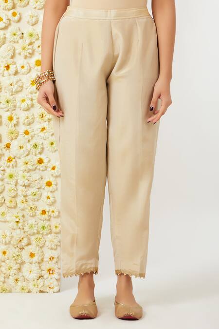Tashee_Beige Tissue, Chanderi Embroidery V-neck Floral Work Kurta Pant Set _Online_at_Aza_Fashions
