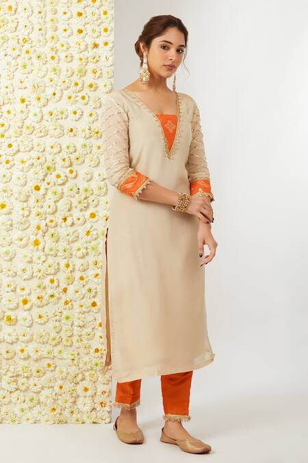 Buy_Tashee_Beige Tissue Embroidery V-neck Kurta And Pant Set _Online_at_Aza_Fashions