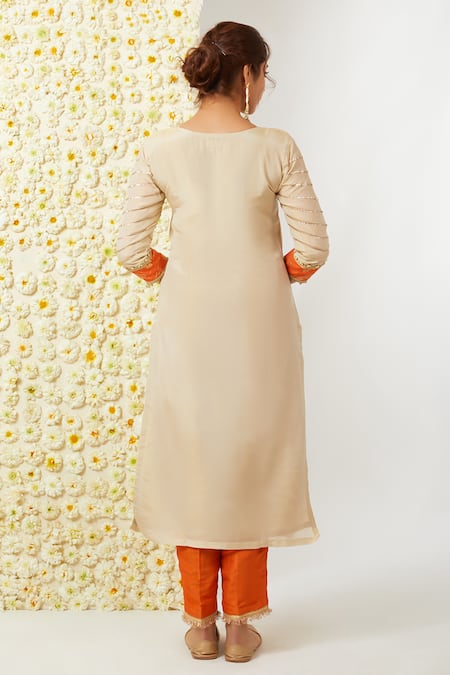 Shop_Tashee_Beige Tissue Embroidery V-neck Kurta And Pant Set _at_Aza_Fashions