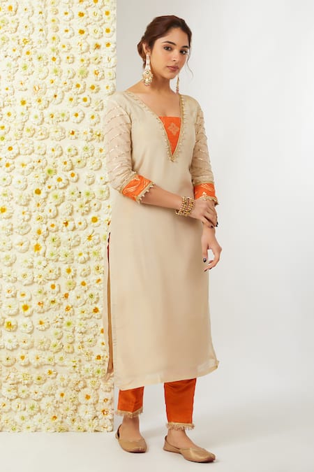 Shop_Tashee_Beige Tissue, Chanderi Embroidery V-neck Kurta Pant Set _Online_at_Aza_Fashions