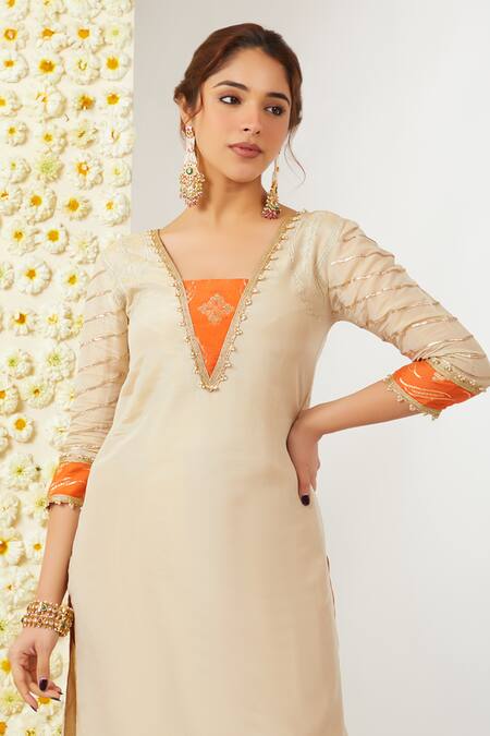 Tashee_Beige Tissue, Chanderi Embroidery V-neck Kurta Pant Set _at_Aza_Fashions