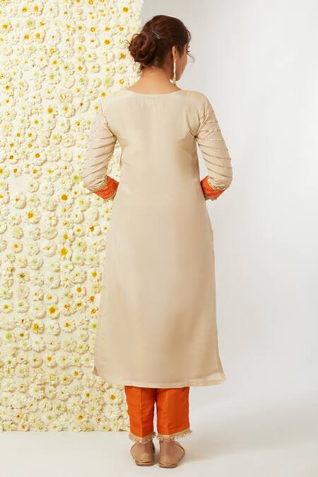 Shop_Tashee_Beige Tissue, Chanderi Embroidery V-neck Kurta Pant Set _at_Aza_Fashions