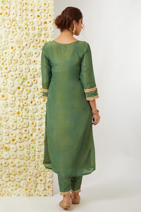 Shop Tashee Green Tissue Embroidery Round Neck Floral Kurta And Pant Set at Aza Fashions Shop_Tashee_Green Tissue Embroidery Round Neck Floral Kurta And Pant Set _at_Aza_Fashions